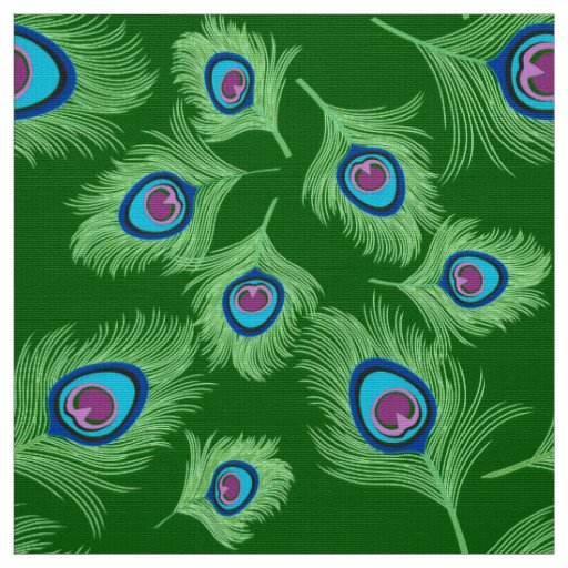 Lime and Blue Peacock Feathers on Emerald Green Fabric