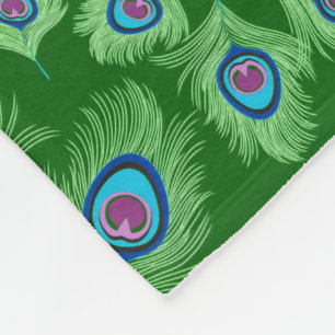 Lime and Blue Peacock Feathers on Emerald Green Fl Fleece Blanket