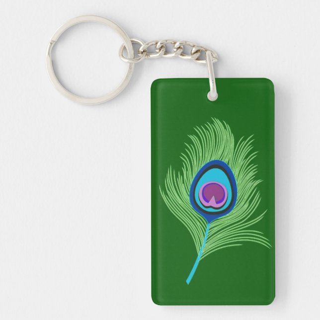 Lime and Blue Peacock Feathers on Emerald Green  Keychain (Front)