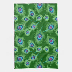Lime and Blue Peacock Feathers on Emerald Green  Kitchen Towel