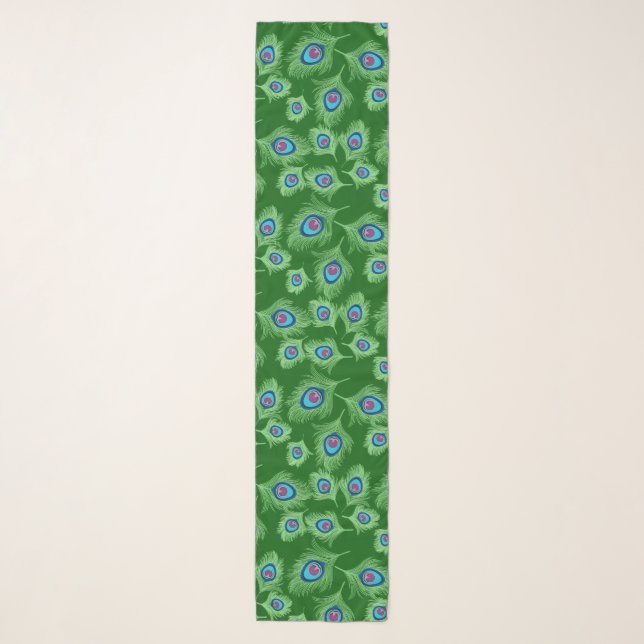 Lime and Blue Peacock Feathers on Emerald Green Scarf (Front)