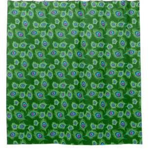 Lime and Blue Peacock Feathers on Emerald Green  Shower Curtain