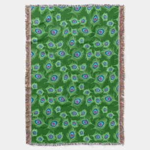 Lime and Blue Peacock Feathers on Emerald Green Throw Blanket
