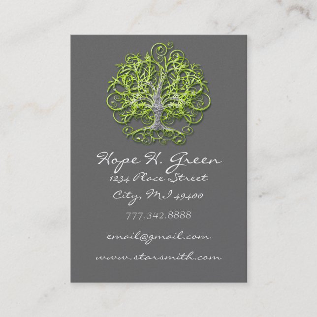 Lime and Brown Swirled Tree Business Card (Front)