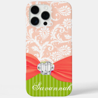 Lime and Coral Faux Rhinstone Personalize Damask iPhone 16 Pro Max Case
