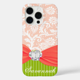Lime and Coral Faux Rhinstone Personalize Damask iPhone 16 Pro Case