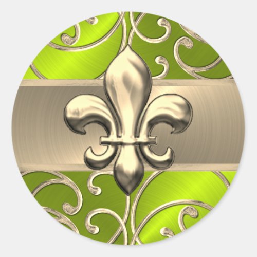 Lime and Gold Filigree Swirls Fleur de Lis Classic Round Sticker