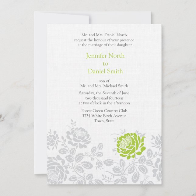 Lime And Gray Damask Wedding Invitations (Front)