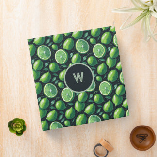 Lime and Lemons Pattern on Black 3 Ring Binder