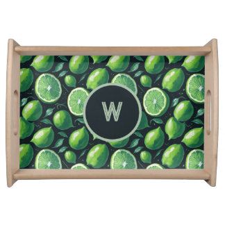 Lime and Lemons Pattern on Black Serving Tray