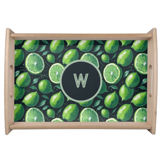 Lime and Lemons Pattern on Black Serving Tray (Front)