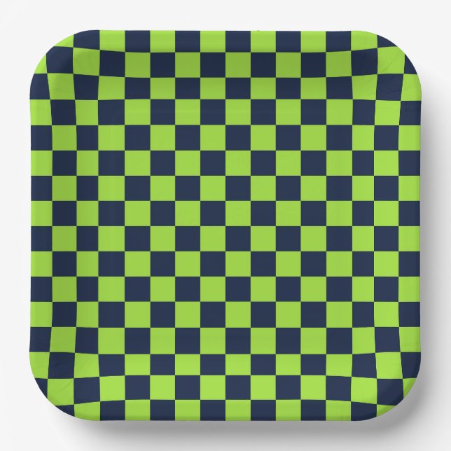 Lime and navy checkerboard pattern paper plates (Front)