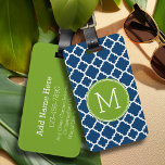 Lime and Navy Quatrefoil Pattern Custom Monogram Luggage Tag<br><div class="desc">A bold,  graphic quatrefoil design in fresh,  cheerful colors. If you need to adjust the monograms,  click on the customize it button and make changes.</div>