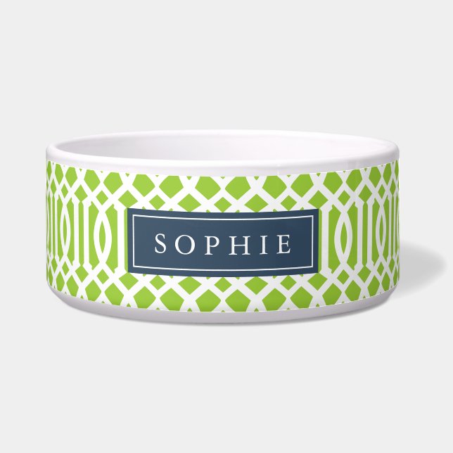 Lime and Navy Trellis Monogram Bowl (Front)