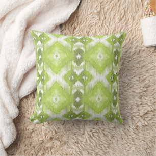 Lime And Olive Green White Ikat Tribal Art Pattern Throw Pillow