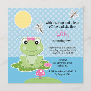 Lime and Pink Bow Frog Birthday Invitations