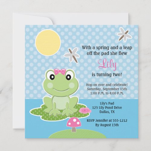 Lime and Pink Bow Frog Birthday Invitations