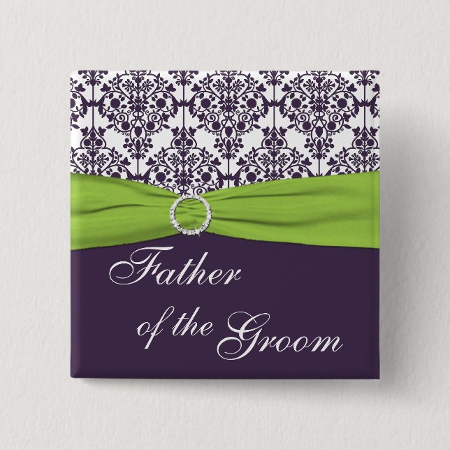 Lime and Purple Damask Father of the Groom Button (Front)