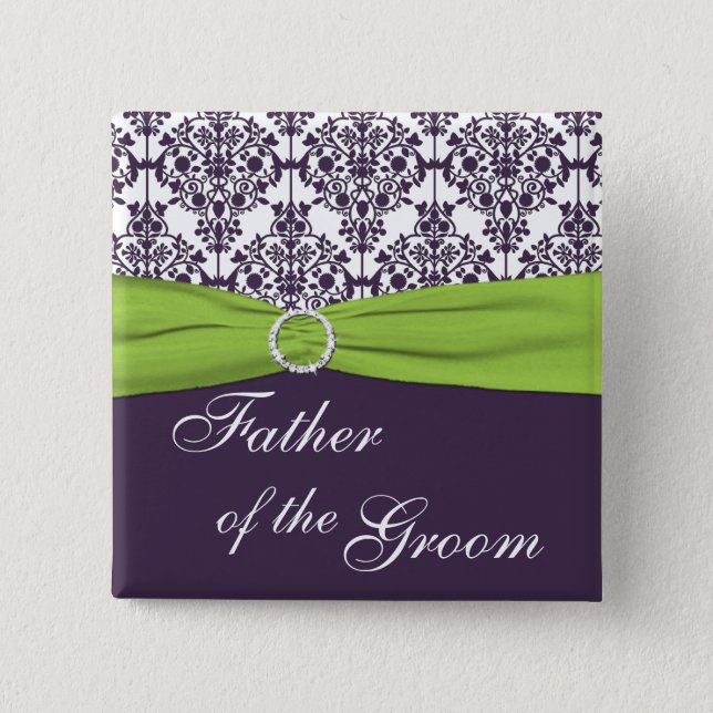Lime and Purple Damask Father of the Groom Button (Front)
