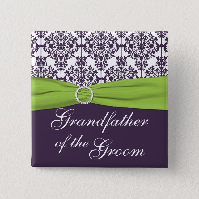 Lime and Purple Damask Grandfather of the Groom Button (Front)