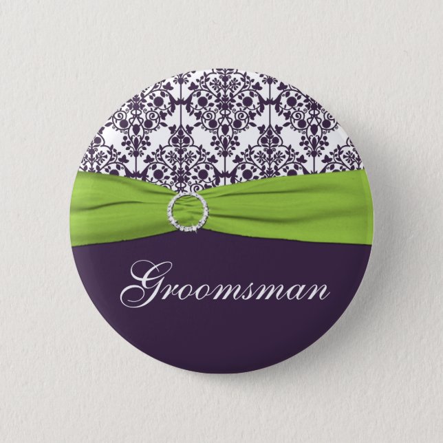 Lime and Purple Damask Groomsman Pin (Front)