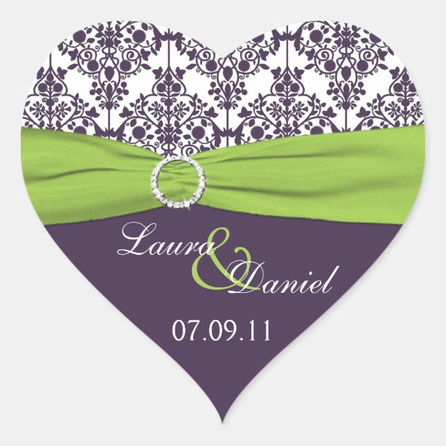 Lime and Purple Damask Heart Shape Sticker (Front)