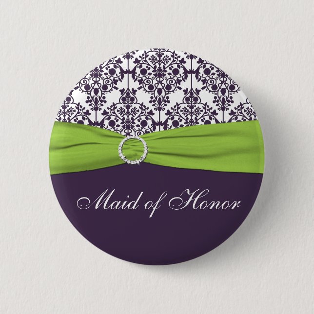 Lime and Purple Damask Maid of Honor Pin (Front)