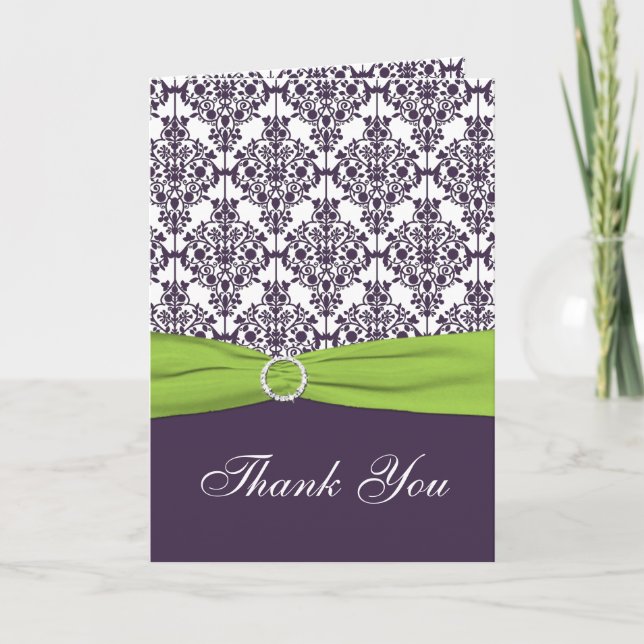 Lime and Purple Damask Thank you Card (Front)