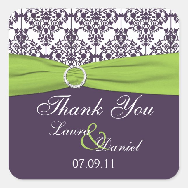 Lime and Purple Damask Wedding Favor Sticker (Front)