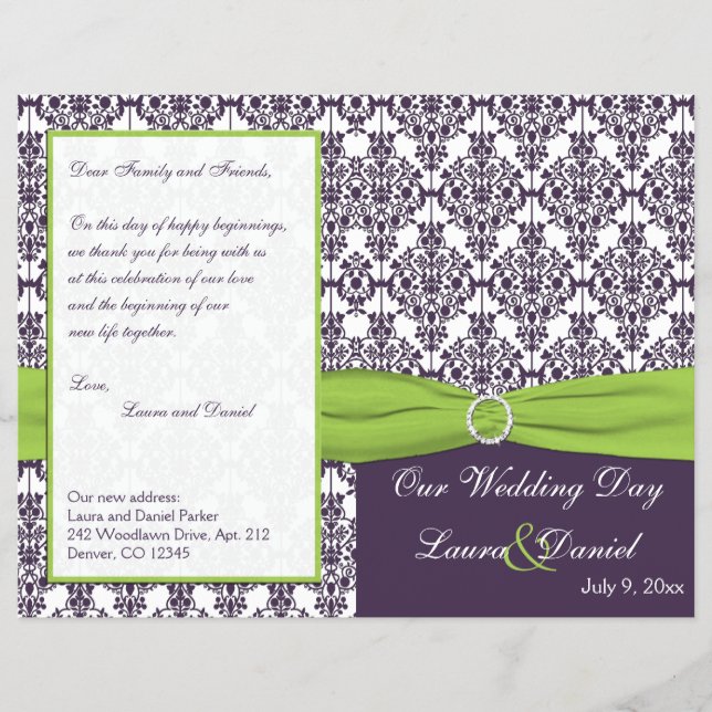 Lime and Purple Damask Wedding Program (Front)