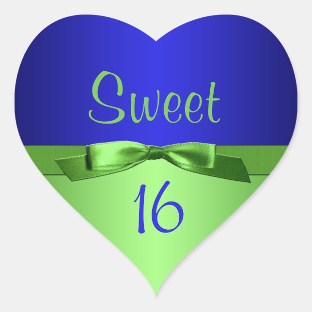 Lime and Royal Blue Sweet 16 Heart Shaped Sticker (Front)