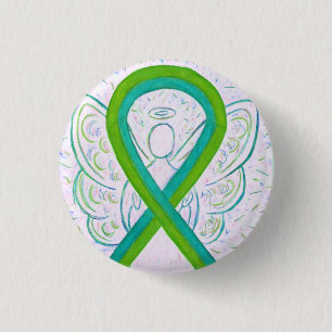 Lime and Teal Awareness Ribbon Angel Button Pin