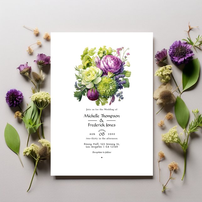 Lime and Violet Floral Wedding Invitation (Creator Uploaded)
