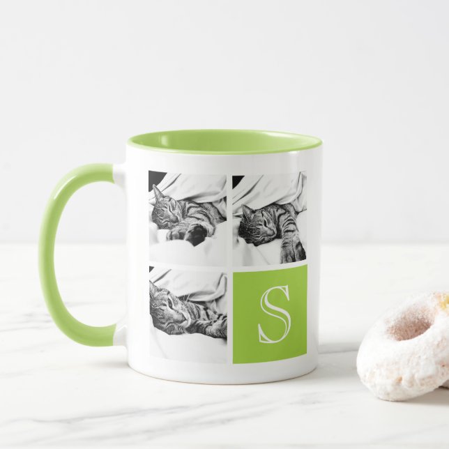 Lime and White Instagram Photo Collage Monogram Mug (With Donut)