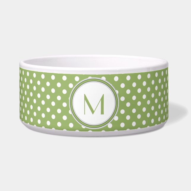 Lime and White Polka Dot Monogram Pet Bowl (Front)