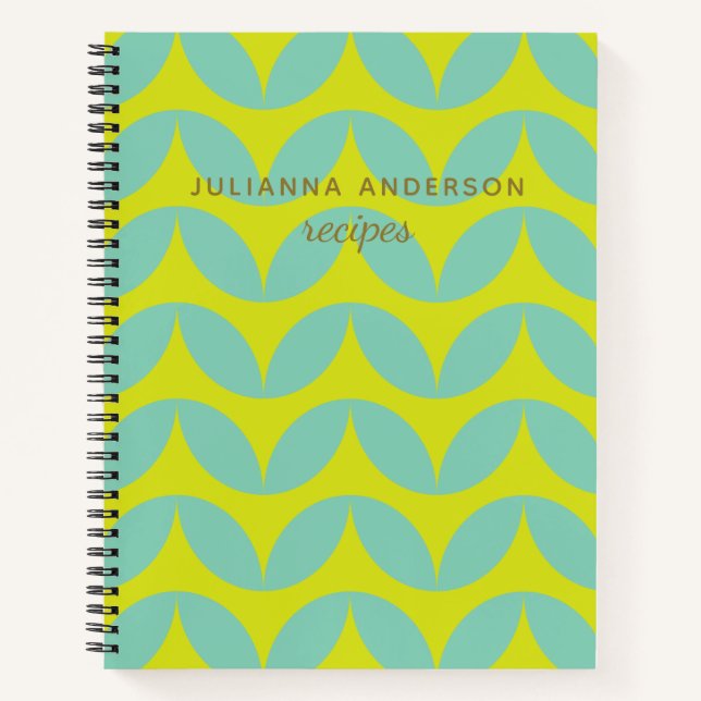 Lime Aqua Mid Mod Pattern Personalized Recipe Notebook (Front)