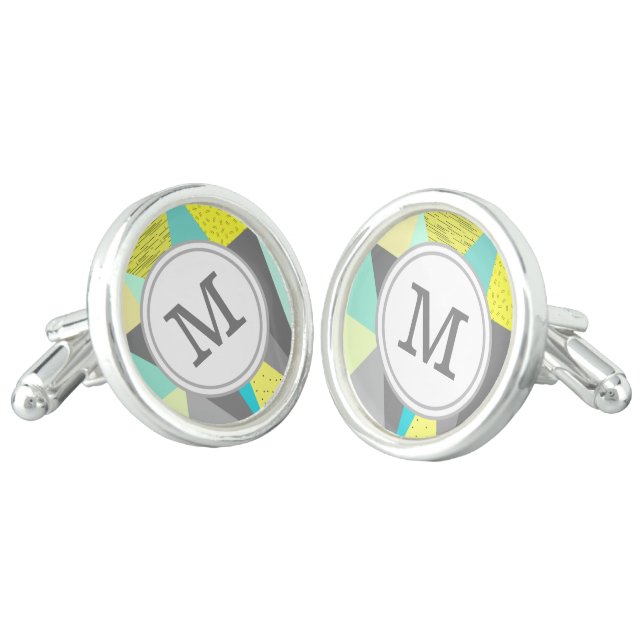 Lime Aqua Yellow Abstract Triangle Monogram Cufflinks (Angled)