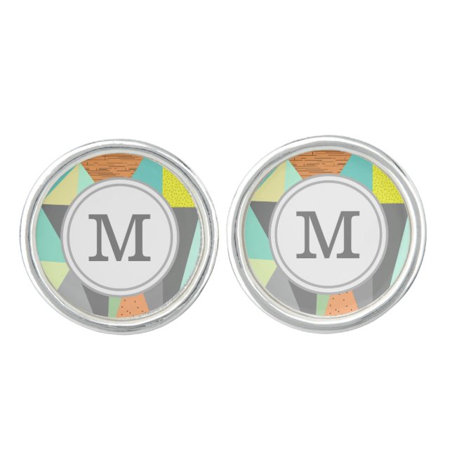 Lime Aqua Yellow Coral Abstract Triangle Monogram Cufflinks (Front)