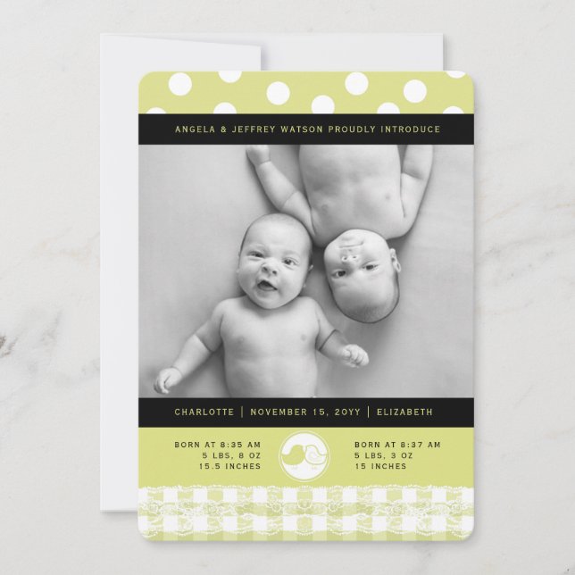 Lime Baby Birds Lace Twin Girls Birth Announcement (Front)