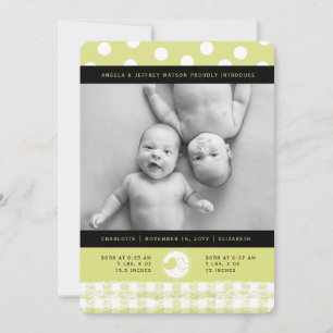 Lime Baby Birds Lace Twin Girls Birth Announcement