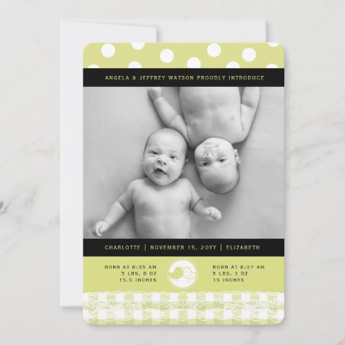 Lime Baby Birds Lace Twin Girls Birth Announcement