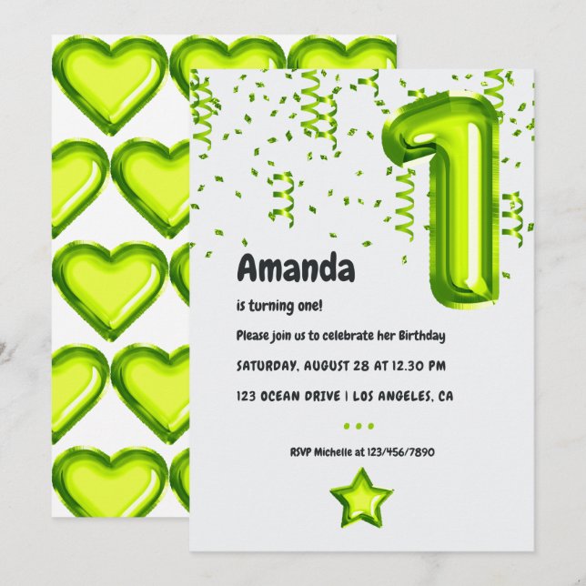 Lime Balloon 1st Birthday Invitation (Front/Back)