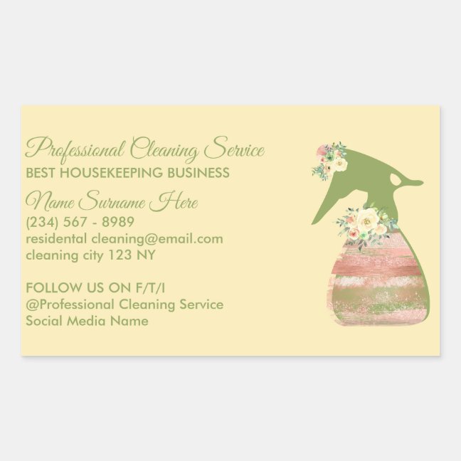 Lime Beige Green Maid Spray Flower Cleaning Rectangular Sticker