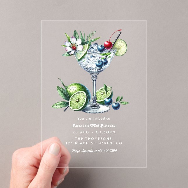 Lime Berry Martini Clear Modern Tropical Birthday Acrylic Invitations (Insitu (Handheld))