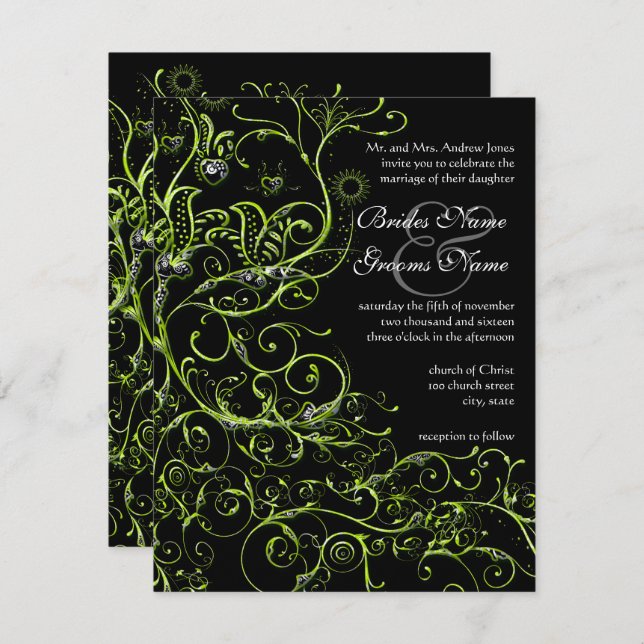 Lime Birds & Swirls Wedding Invitations (Front/Back)