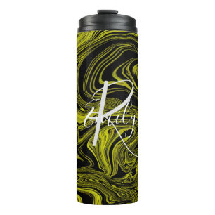 Lime & Black Agate Marble Abstract Name Monogram Thermal Tumbler