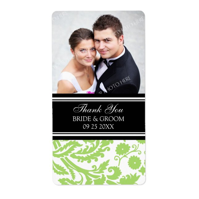 Lime Black Damask Photo Wedding Labels (Front)