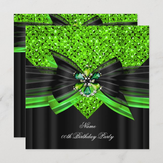 Lime Black Glitter Birthday Party Diamond Invitation (Front/Back)