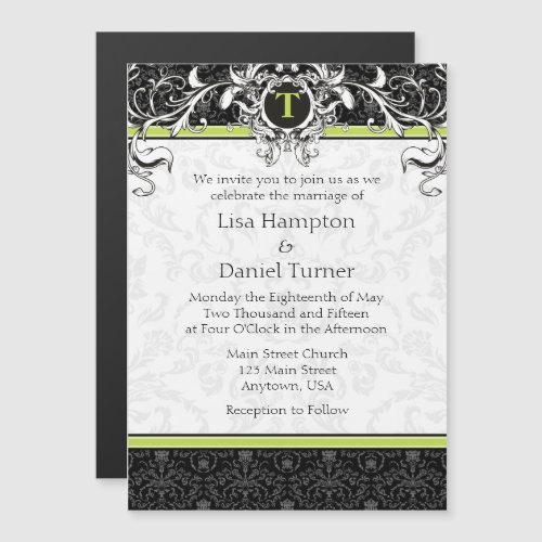 Lime Black Monogram Magnetic Wedding Invitation