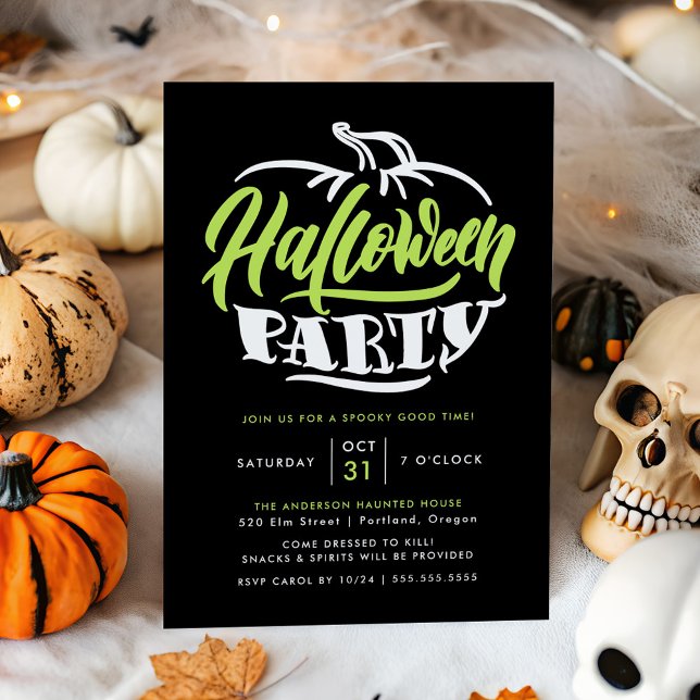 Lime & Black Pumpkin Typography Halloween Party Invitation (Creator Uploaded)